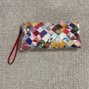 Nahui Ollin Colorful Woven Clutch with Red Wristlet